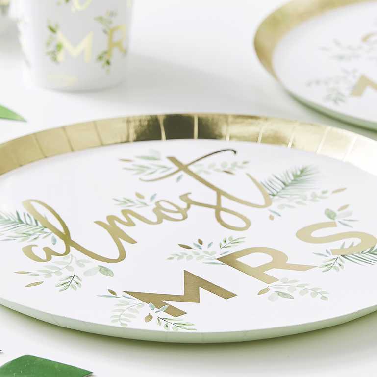 almost mrs hens party bridal shower bachelorette decorations plates gold botanical