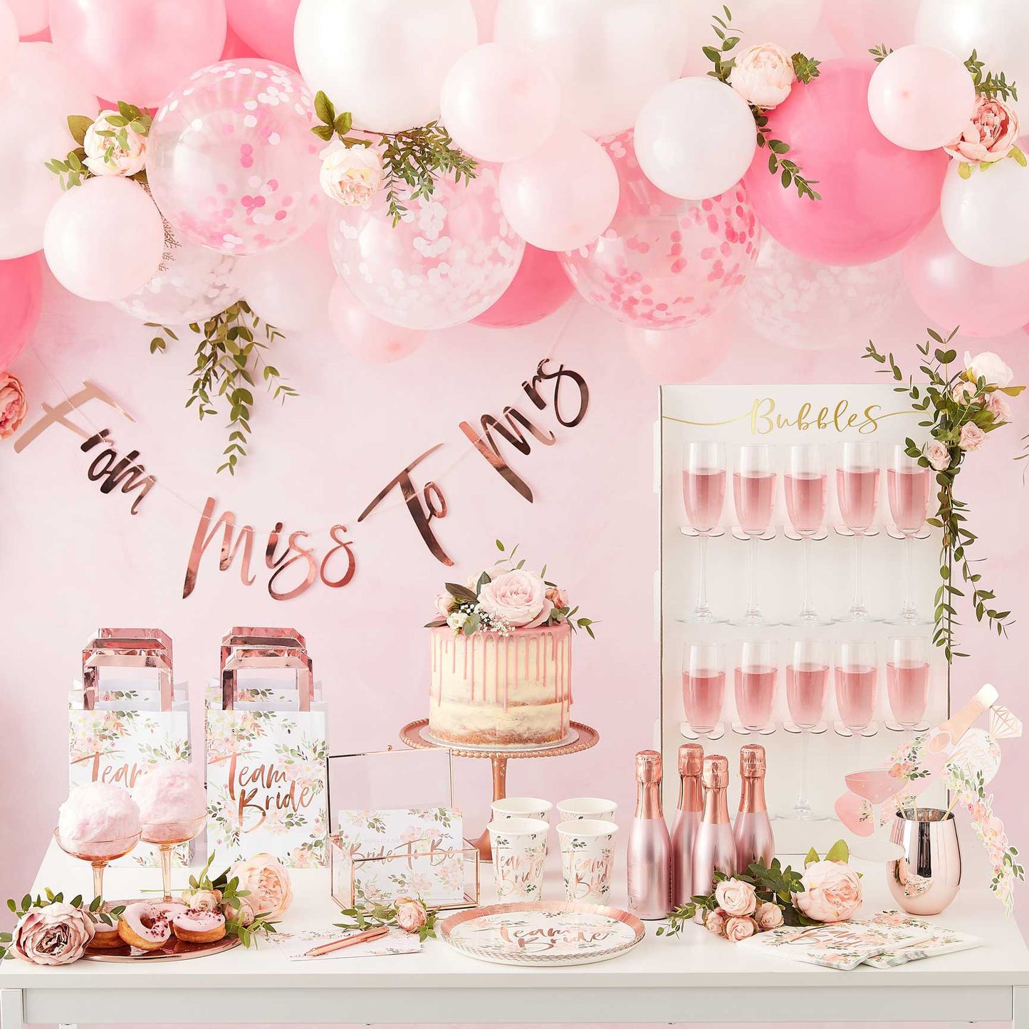 Pink Rose Gold Floral Flower Team Bride Hens Party Balloons