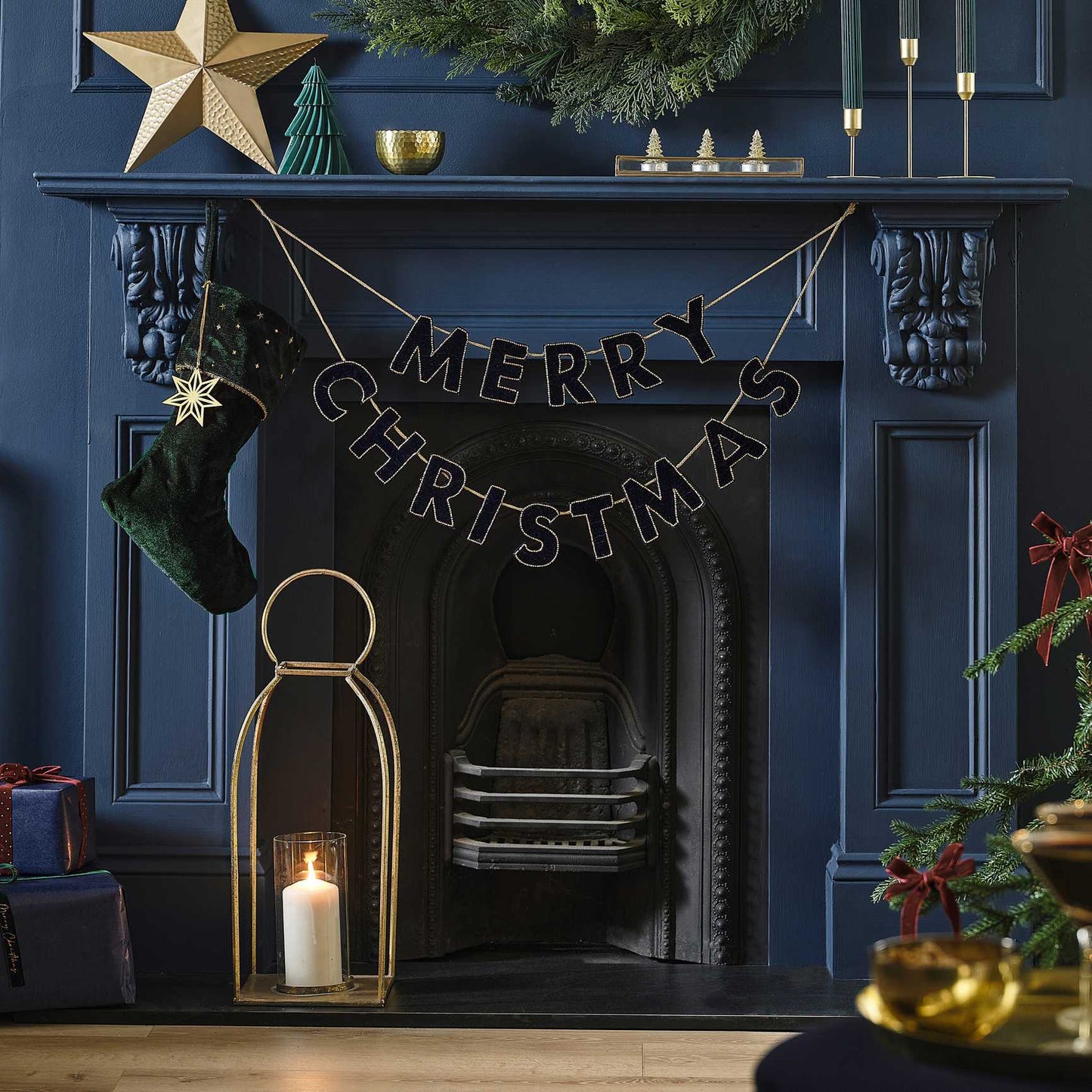 Navy Velvet Beaded Merry Christmas Sign Bunting