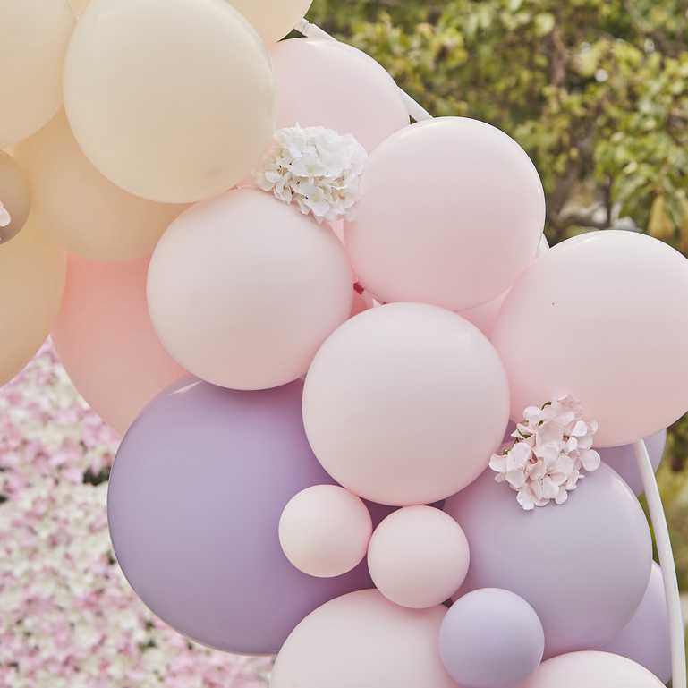 Luxe Pink, Lilac & Grey Balloon Garland With Flowers Hydrangeas