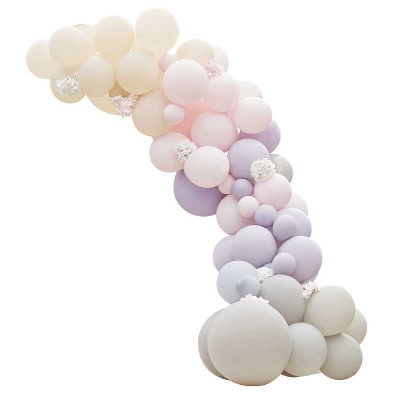 Luxe Pink, Lilac & Grey Balloon Garland With Flowers Hydrangeas