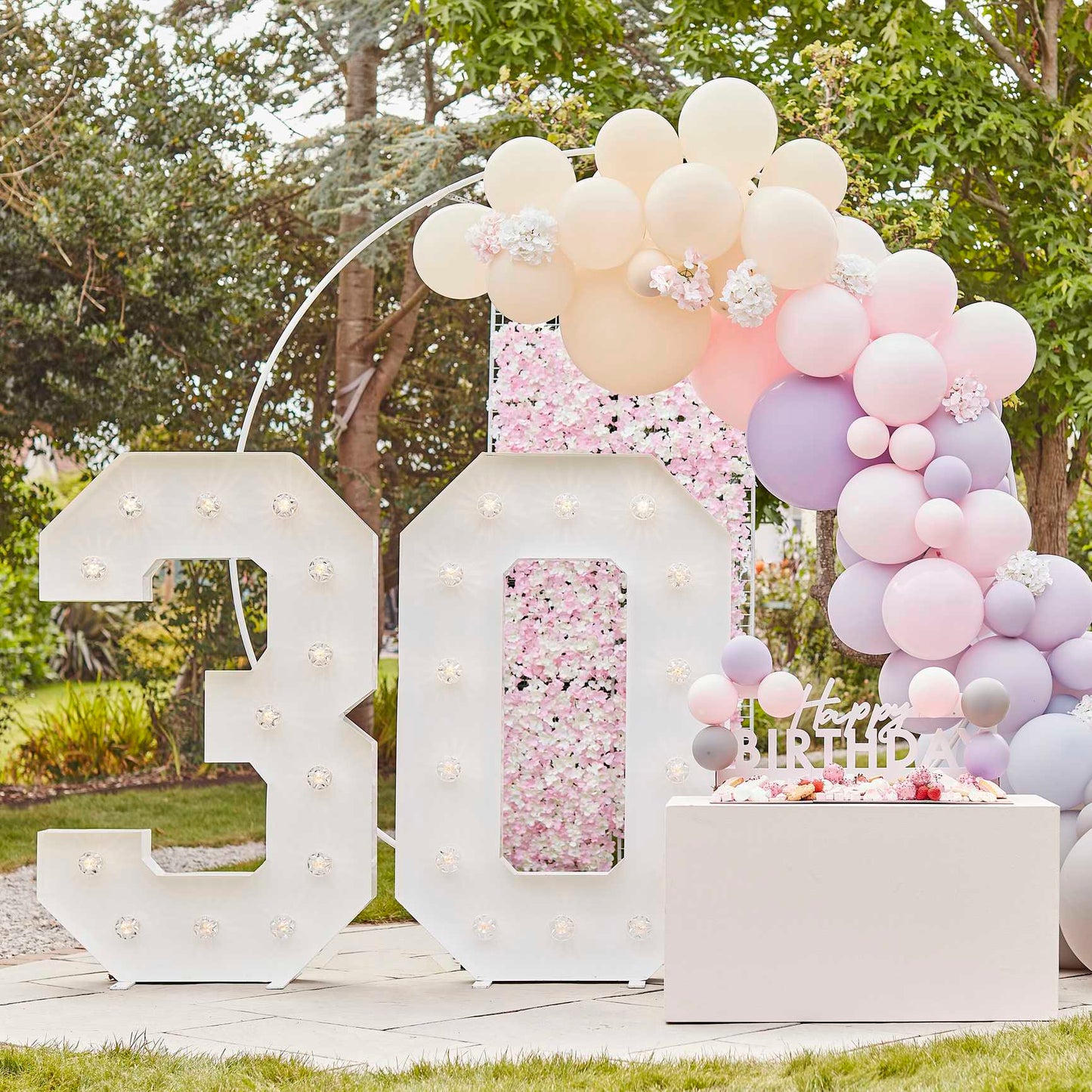 Luxe Pink, Lilac & Grey Balloon Garland With Flowers Hydrangeas