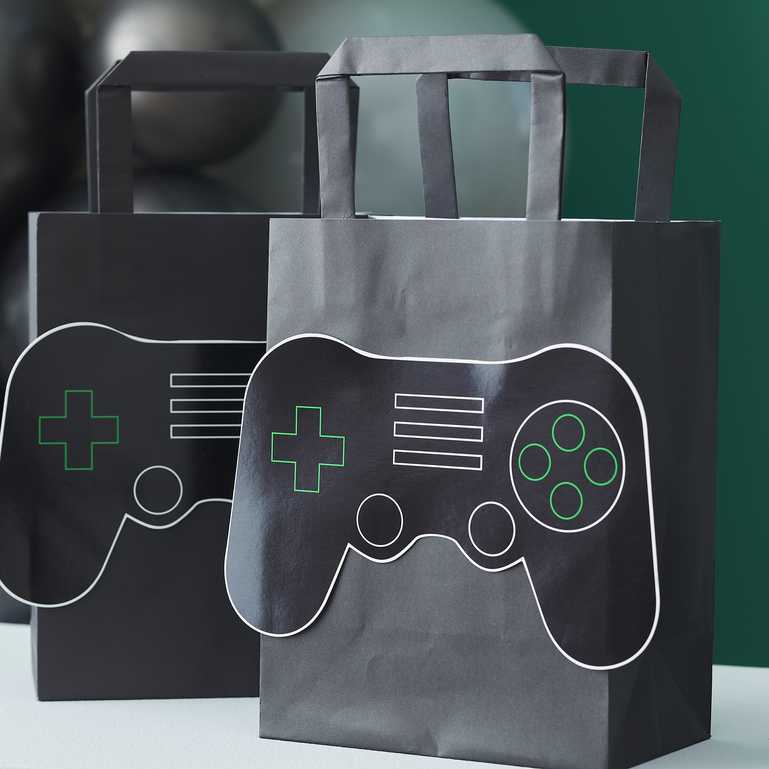 gamer themed birthday party bags with a pop out game controller design