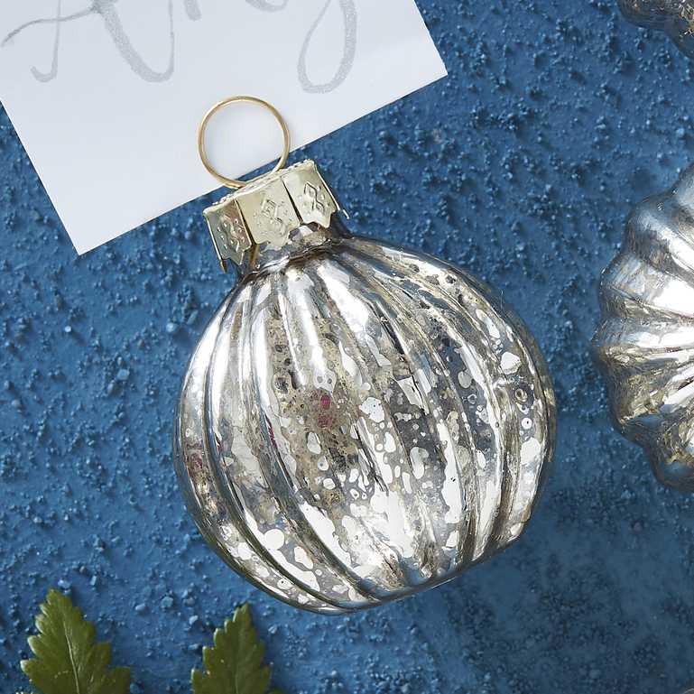 Silver Christmas Bauble Name Place Card Holders Pk 6