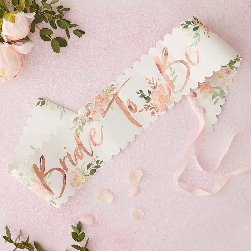 bride to be sash rose gold floral flower design for bridal shower bachelorette or hens party gift for the bride