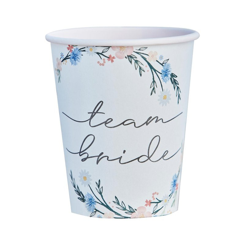 floral flower design paper party cups with the writing 'team bride' on them for a boho theme bridal shower, hens party or bachelorette party