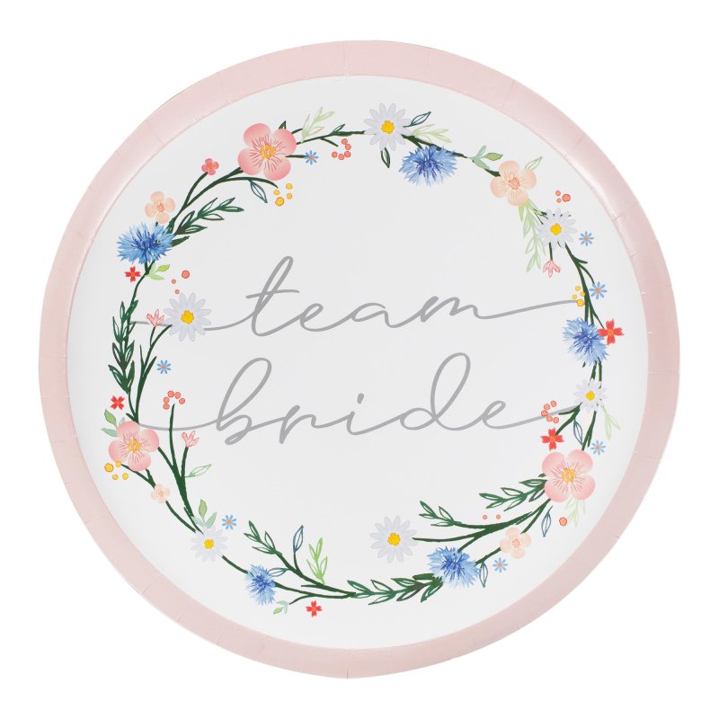 floral flower design paper party plates with the words 'team bride' written on them for a boho or garden party theme bachelorette, bridal shower or hens party