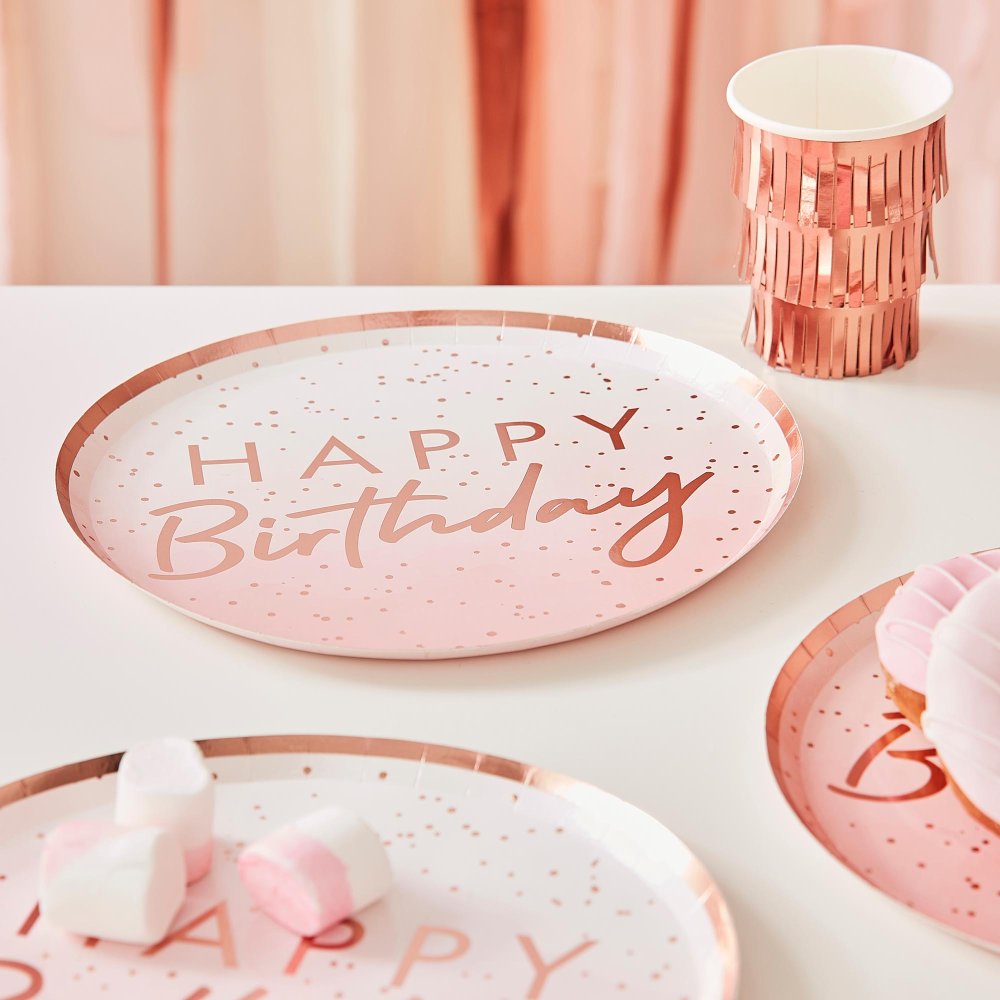 Pink & Rose Gold Happy Birthday Paper Party Plates
