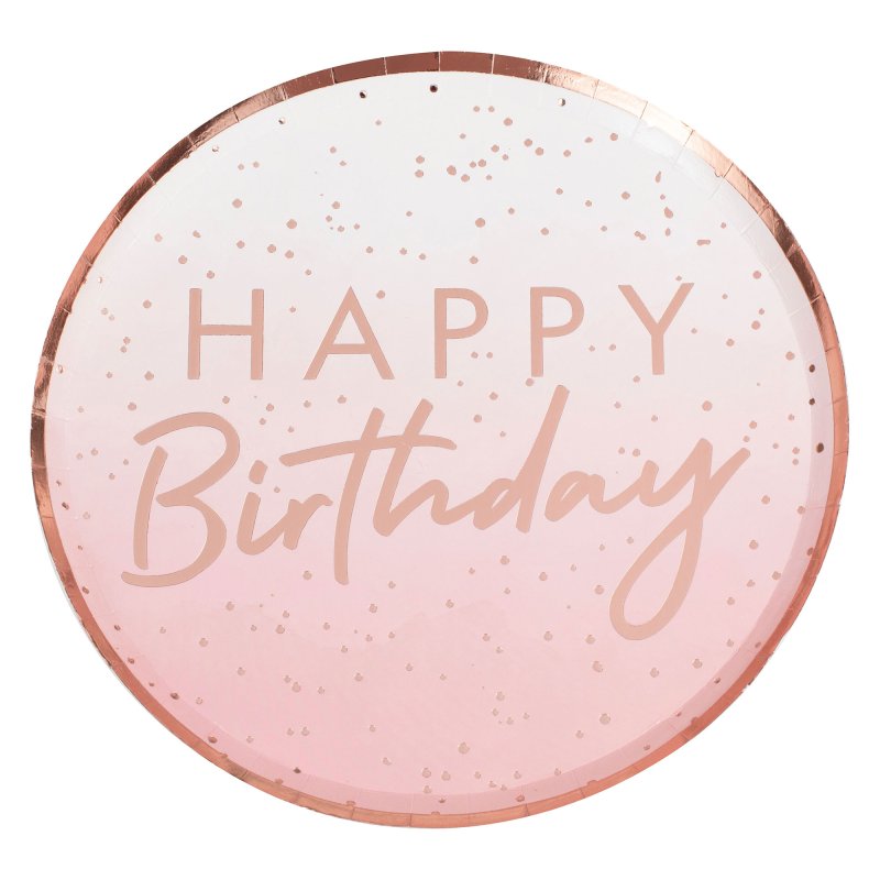 Pink & Rose Gold Happy Birthday Paper Party Plates