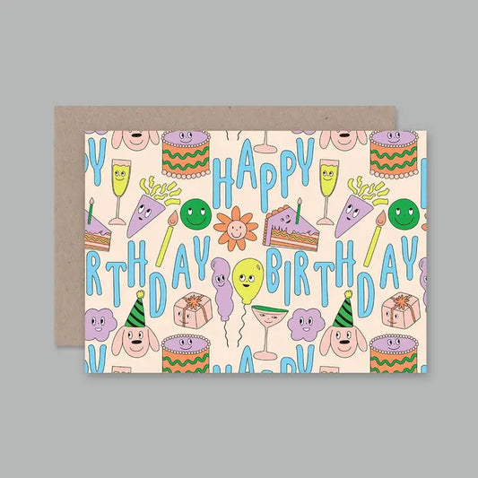 a greeting card in happy cute colours with flowers and smiley faces design that says the words 'happy birthday' on it