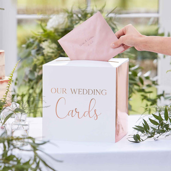 white rose gold wedding guest cards money box keepsake