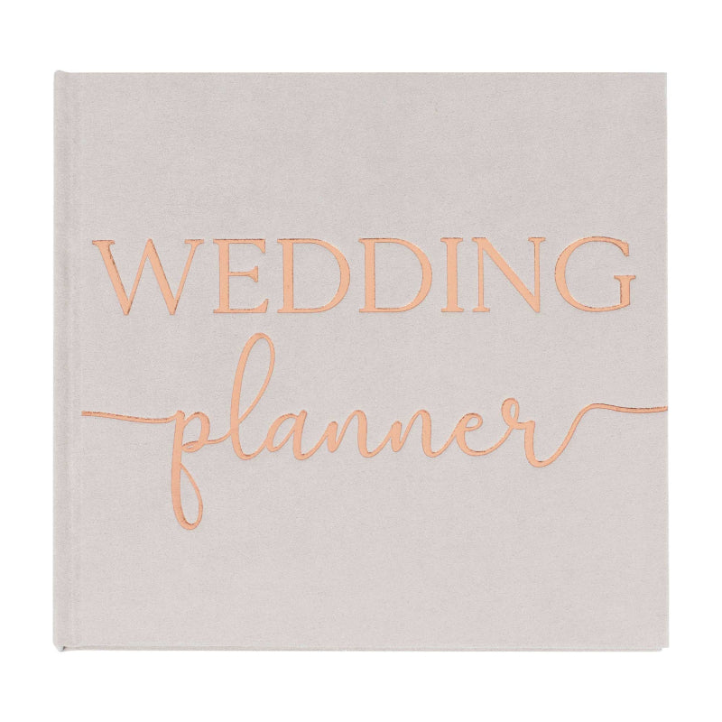 grey suede wedding planner journal book with the words 'wedding planner' printed on the front in rose gold for an engagement party or bridal shower, hens party gift