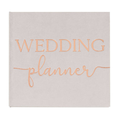 grey suede wedding planner journal book with the words 'wedding planner' printed on the front in rose gold for an engagement party or bridal shower, hens party gift