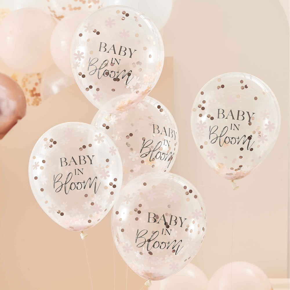 Rose Gold Floral & Confetti Baby in Bloom Baby Shower Balloons