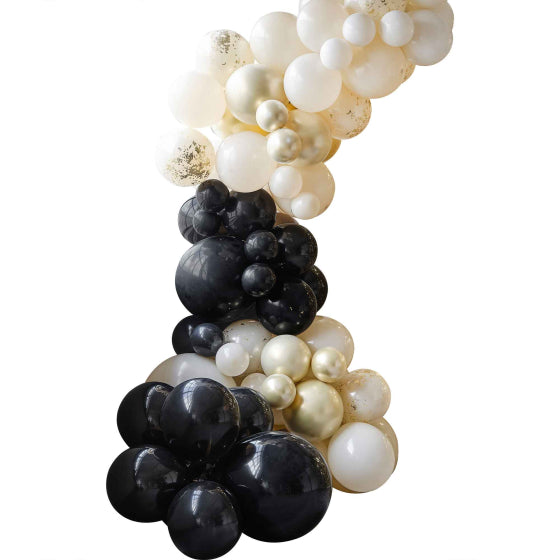 black and gold theme birthday party balloon garland backdrop decoration