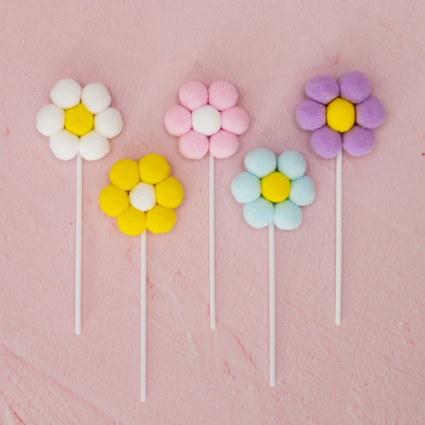 pom pom flower dairy cake topper cupcake blue yellow garden party girls kids decorations