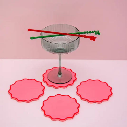 Red & Pink Wave Acrylic Drink Coaster Set