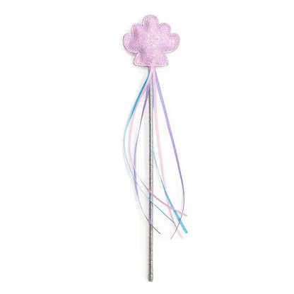 Mermaid wand with streamers and glitter in the shape of a shell for a kids birthday party costume or gift for their birthday or christmas