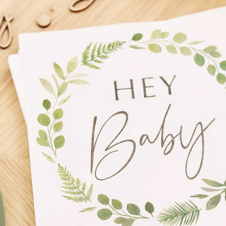 hey baby botanical gender neutral foilage green and white baby shoer gender reveal napkins serviettes