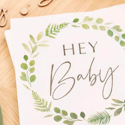 hey baby botanical gender neutral foilage green and white baby shoer gender reveal napkins serviettes