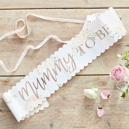 mummy to be baby shower sash floral design for a baby girl party or garden tea party vibe