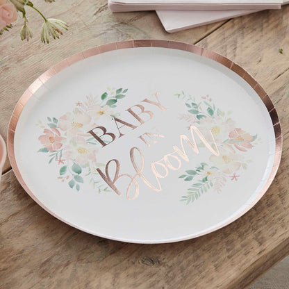 Rose Gold Floral Baby in Bloom Baby Shower Paper Party Plates