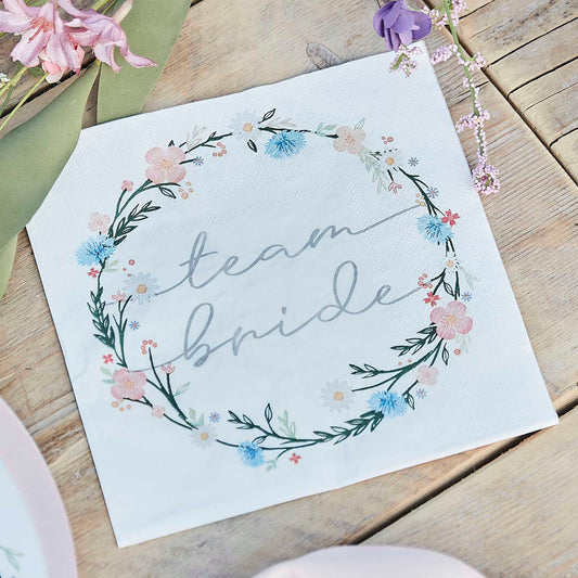 floral flower boho design paper party napkins for a bridal shower, bachelorette or hens party. Has words 'team bride' written on them