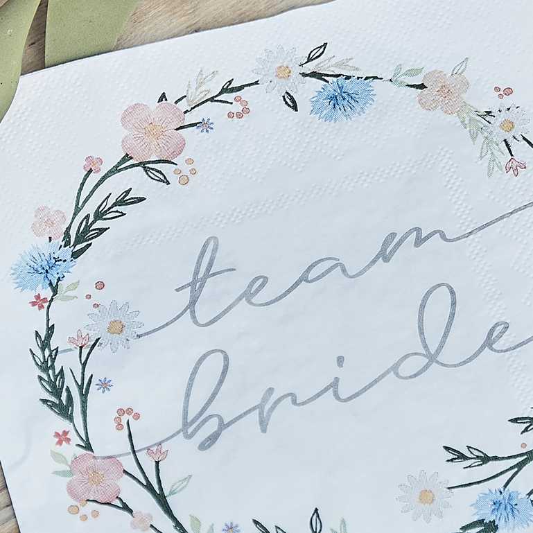 floral flower boho design paper party napkins for a bridal shower, bachelorette or hens party. Has words 'team bride' written on them