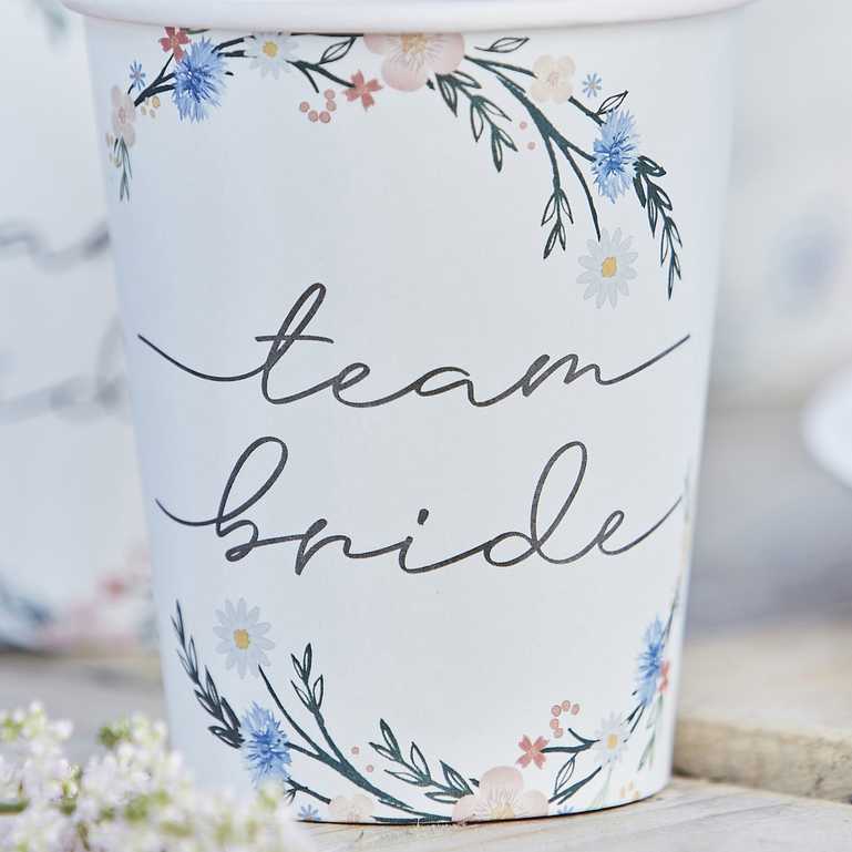 floral flower design paper party cups with the writing 'team bride' on them for a boho theme bridal shower, hens party or bachelorette party