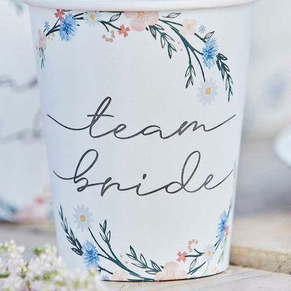 floral flower design paper party cups with the writing 'team bride' on them for a boho theme bridal shower, hens party or bachelorette party