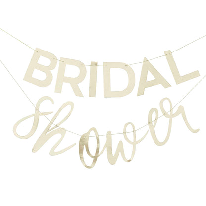 gold bridal shower hanging banner butning with the words 'bridal shower' for a bridal shower gold theme party decoration