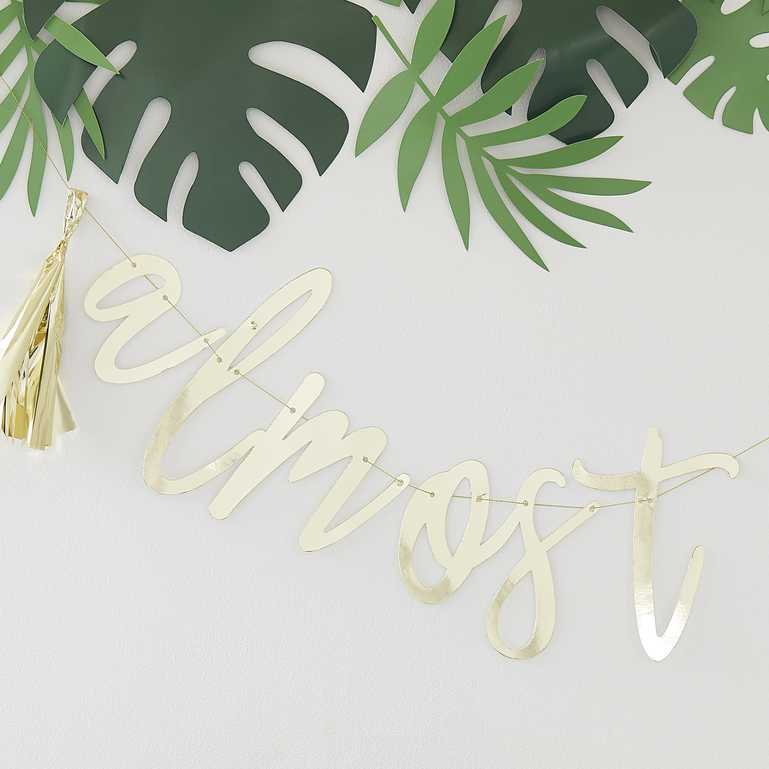 gold hanging banner bunting that says 'almost mrs' for a bridal shower, hens party or bachelorette party decoration