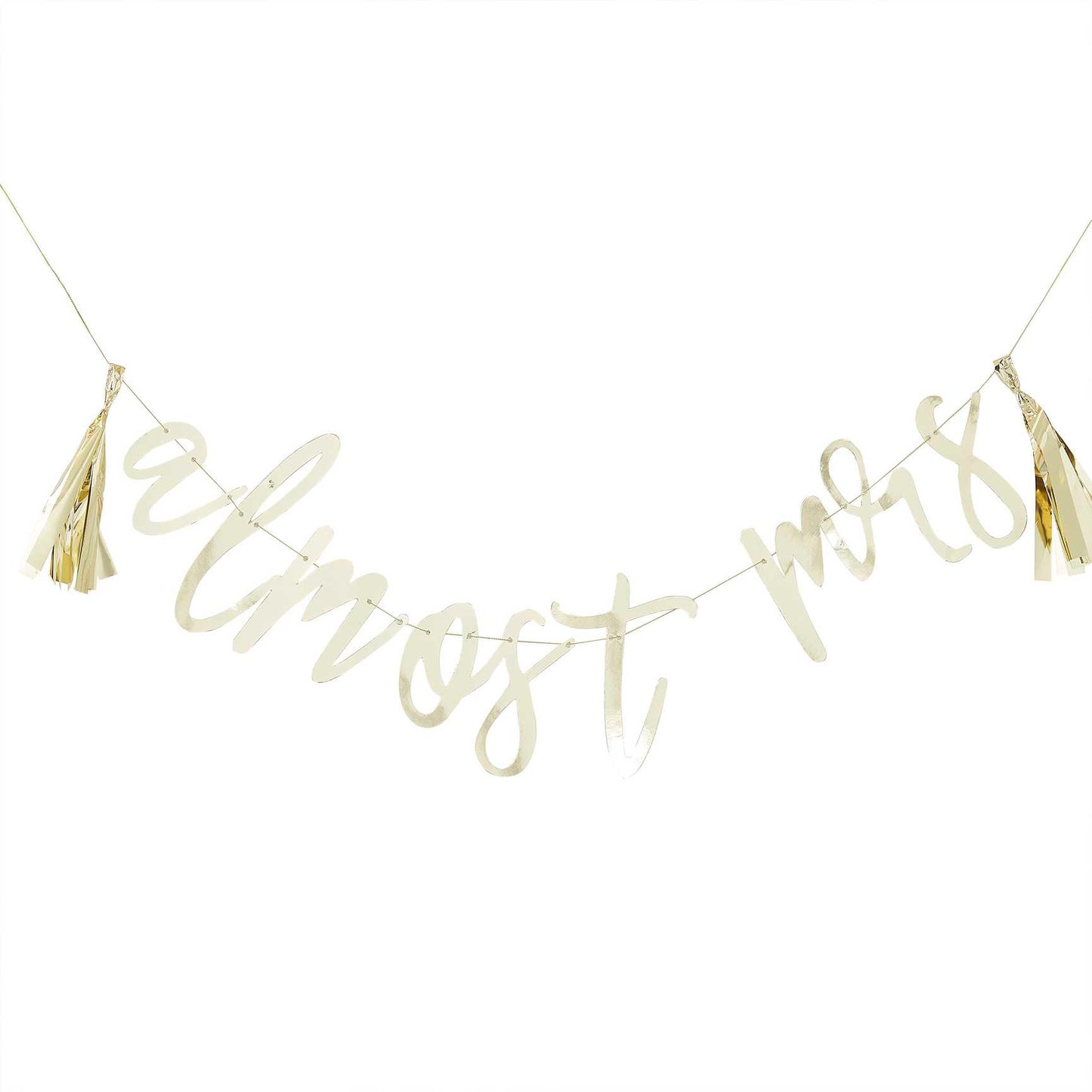 gold hanging banner bunting that says 'almost mrs' for a bridal shower, hens party or bachelorette party decoration