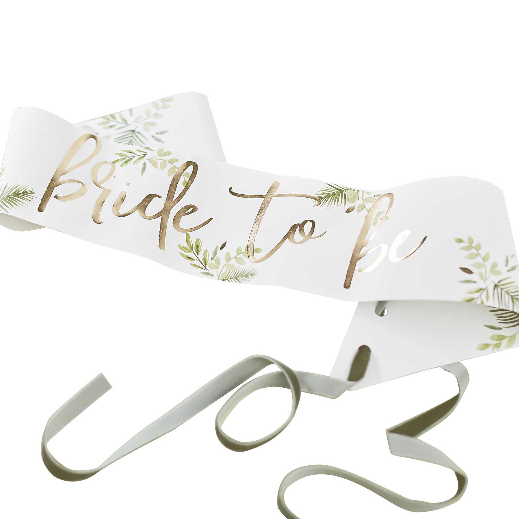 botanical design hens party sash with the words 'bride to be' printed on it in gold for a bridal shower, hens party or bachelorette party gift