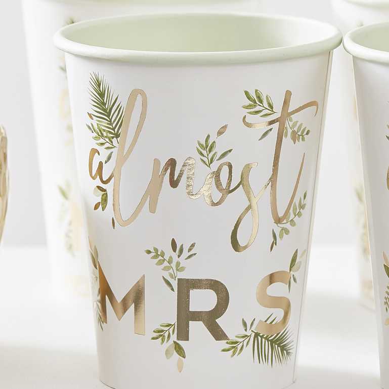 green botanical design hens party paper party cups with the words 'almost mrs' printed on them and a leaf design for a bridal shower, hens party or bachelorette party decorations