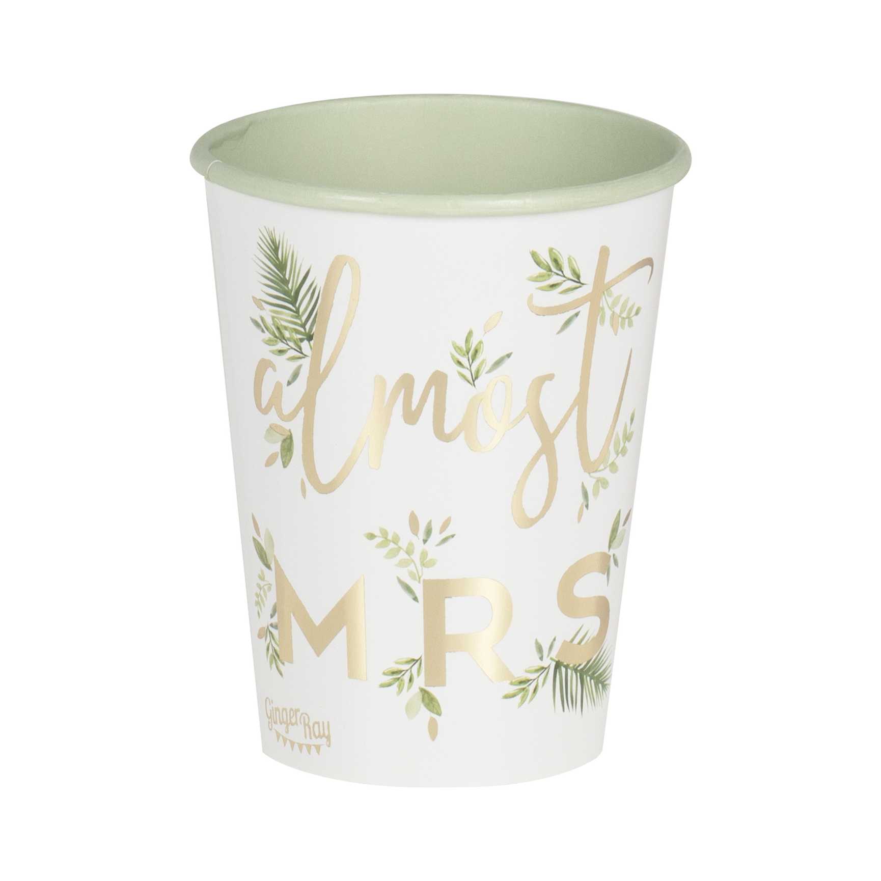 green botanical design hens party paper party cups with the words 'almost mrs' printed on them and a leaf design for a bridal shower, hens party or bachelorette party decorations