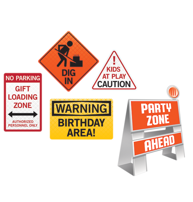 construction party birthday theme signs warning hazard dig in kids at play caution party zone ahead