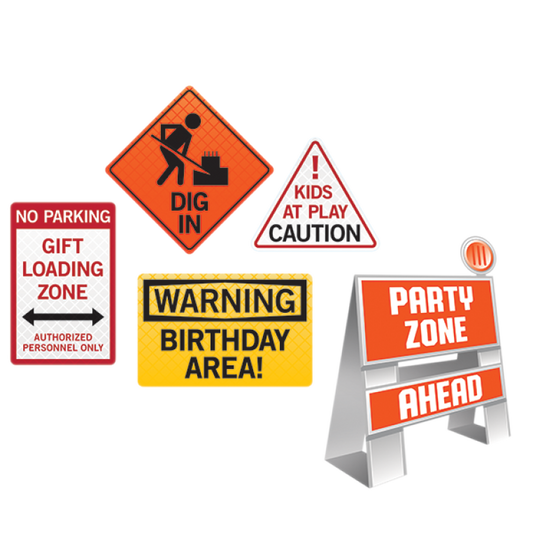 construction party birthday theme signs warning hazard dig in kids at play caution party zone ahead