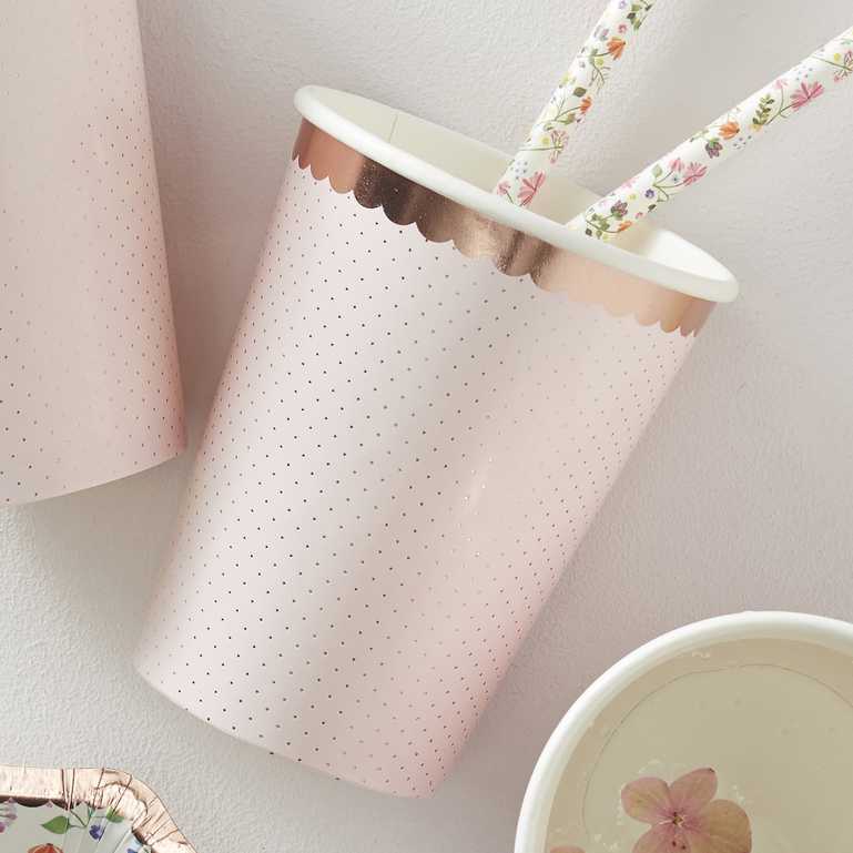 ditsy floral pink and rose gold paper party cups baby shower garden party tea party bridal shower birthday hens party decorations