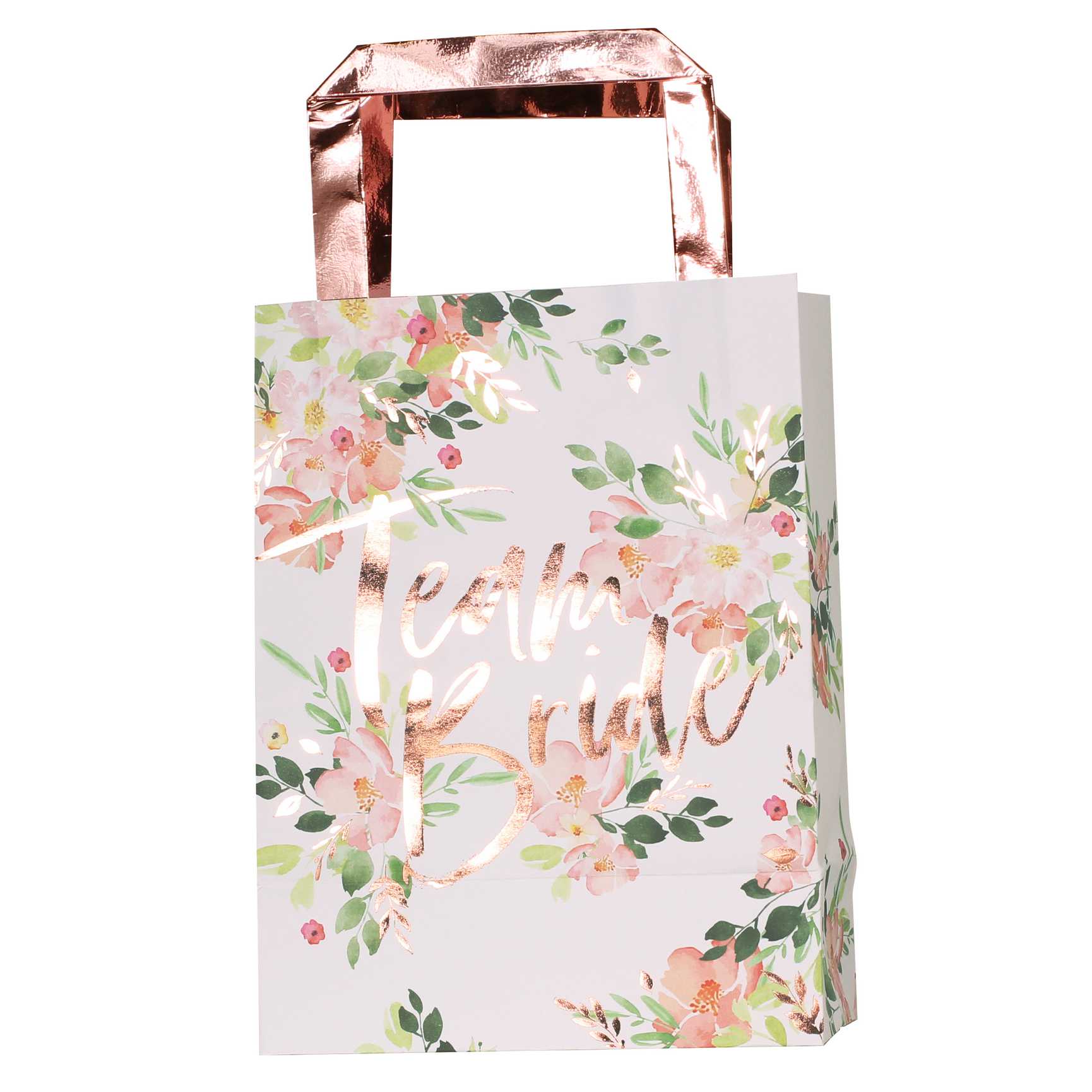 floral flower design paper party gift treat bags with the words 'team bride' in rose gold printed on them for bridal showers, hens parties or bachelorette parties