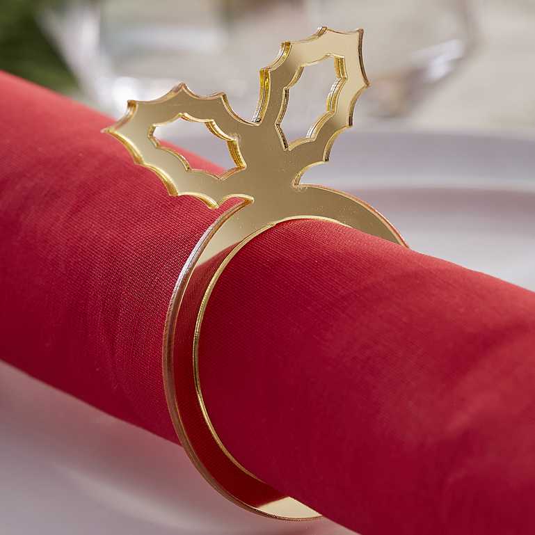 Gold Acrylic Christmas Holly Napkin Rings