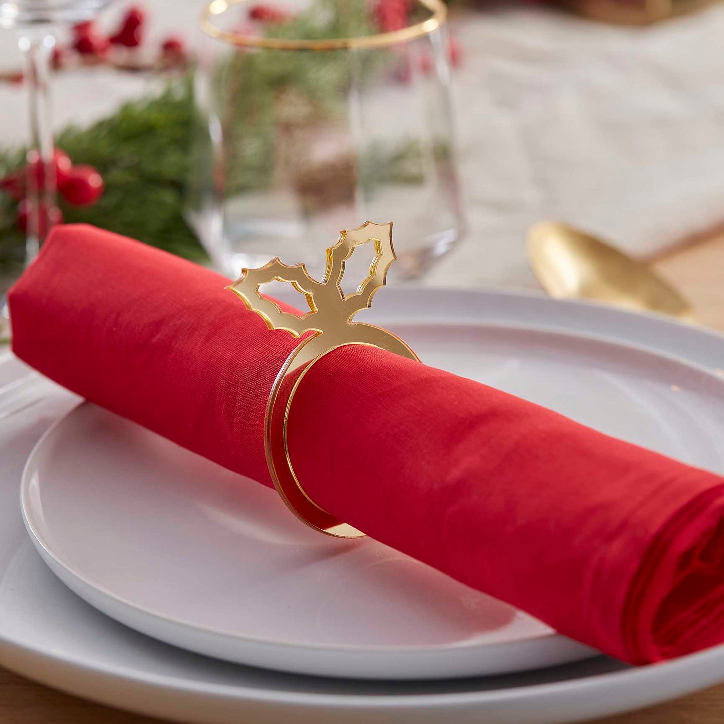 Gold Acrylic Christmas Holly Napkin Rings