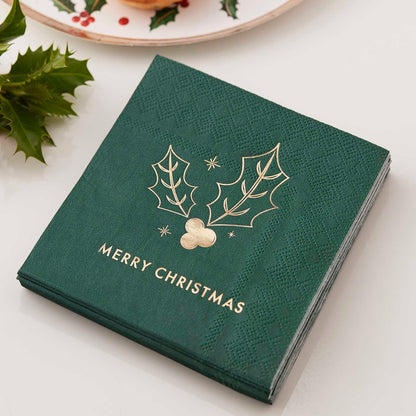 Green & Gold Merry Christmas Paper Party Napkins Serviettes Pk 16