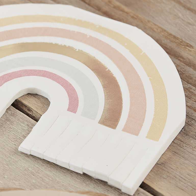 muted pastel neutral themed paper party napkins that are in the shape of a rainbow featuring muted pastel earthy tones for a happy joyful birthday party theme