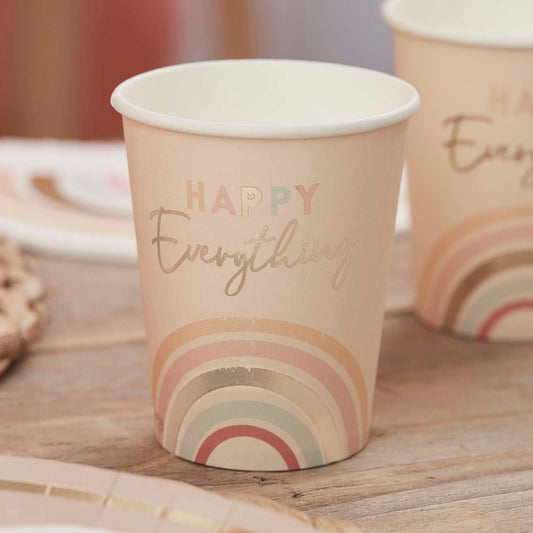 nude pastel themed paper party cups that read the words 'happy everything' with rainbows on them for a happy joyful birthday party theme