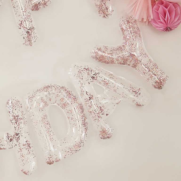 clear pink confetti happy birthday letter writing words hanging balloons party decorations