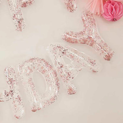 clear pink confetti happy birthday letter writing words hanging balloons party decorations