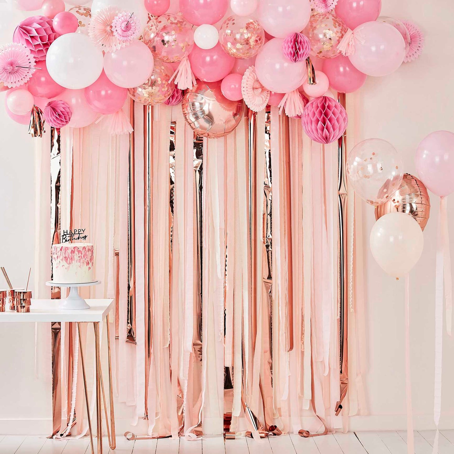 rose gold pink theme birthday party hanging banner decoration bunting words letter happy number birthday customisable personalised