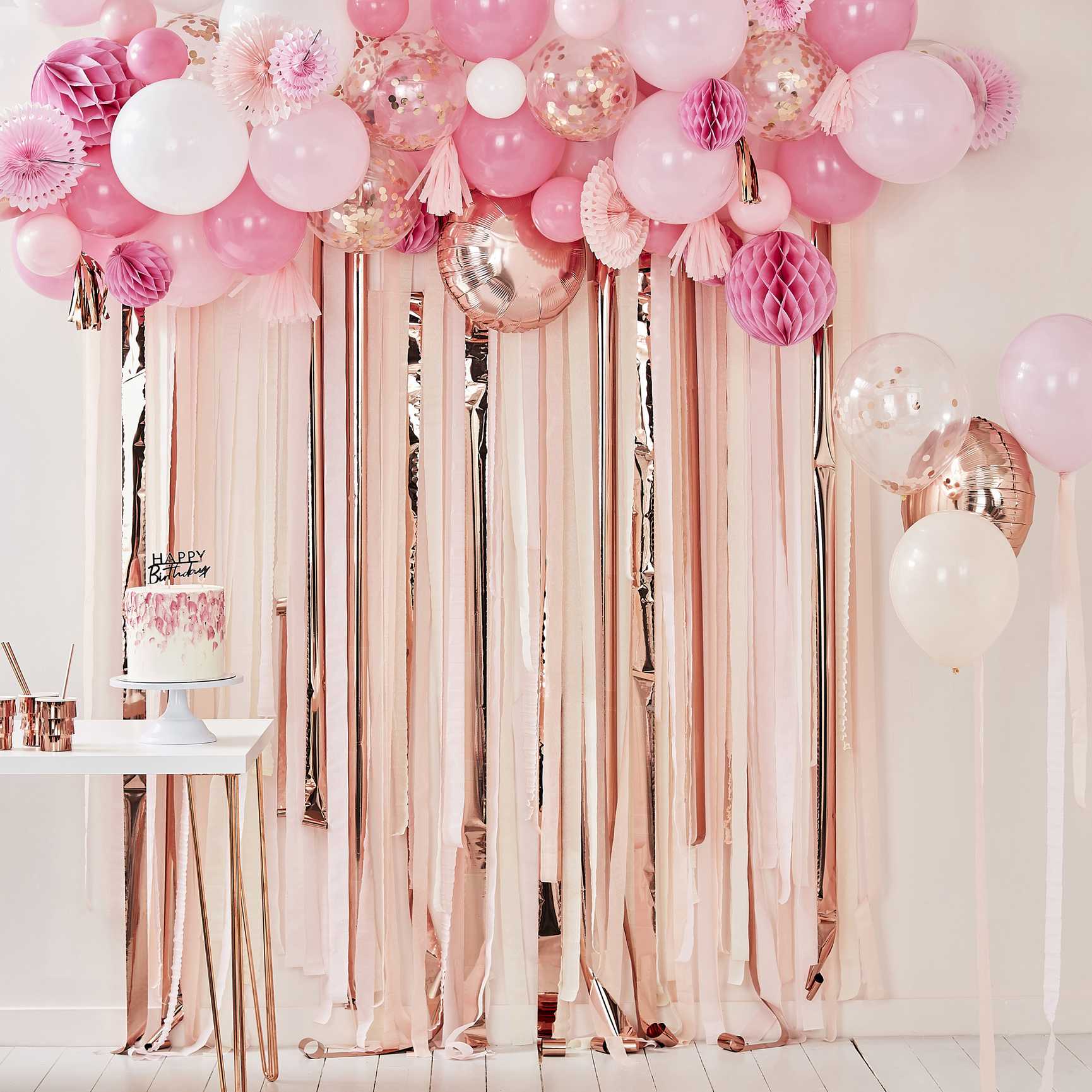 rose gold pink theme birthday party hanging banner decoration bunting words letter happy number birthday customisable personalised