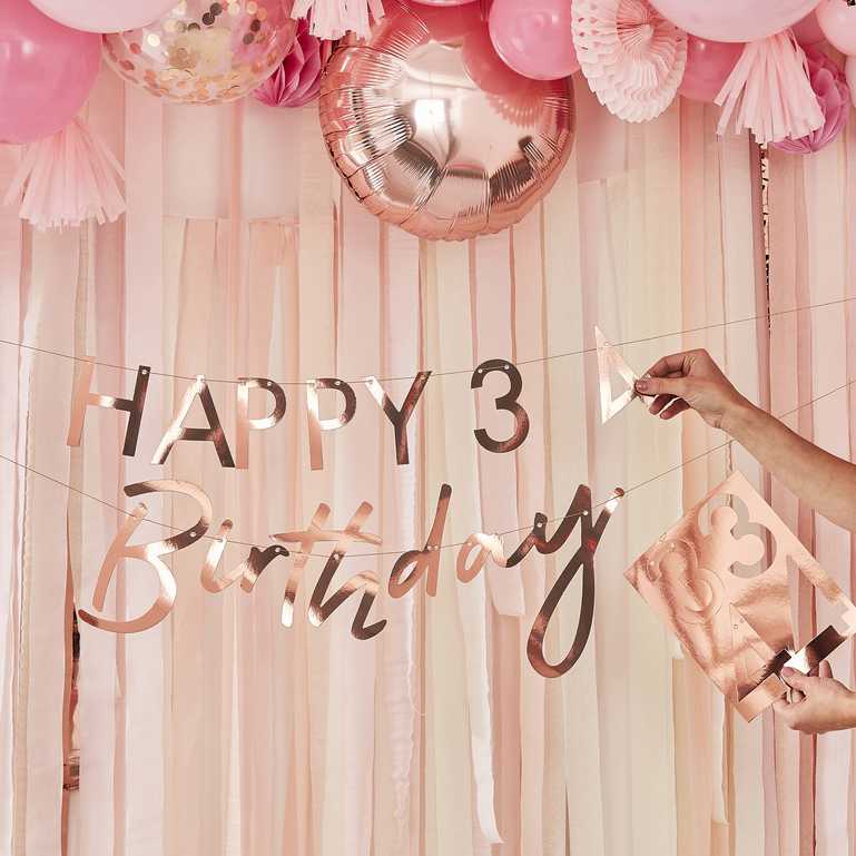 rose gold pink theme birthday party hanging banner decoration bunting words letter happy number birthday customisable personalised